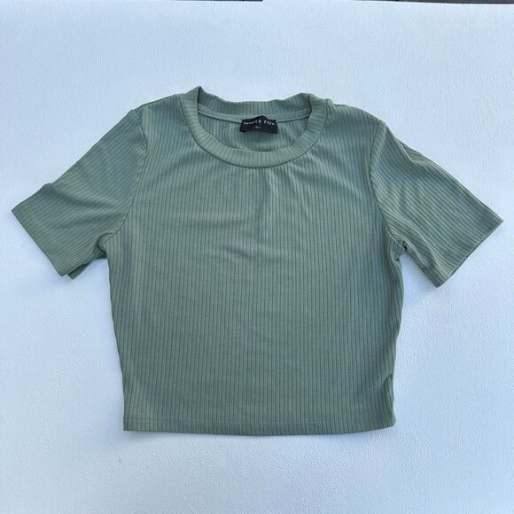 White Fox Ribbed Short Sleeve Top Green XS Casual Basic Tee - Picture 1 of 5